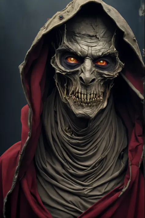 (masterpiece:1.2), disorganized, Photorealistic shot of Mumm-Ra,alone, rotting mummy,a Ga and ancient sorcerer, , Dead, wrapped in rotten bandages, emaciated body. grotesque, The skin is sickly gray, covered with a tattered rotten bandage,, The body is ema...