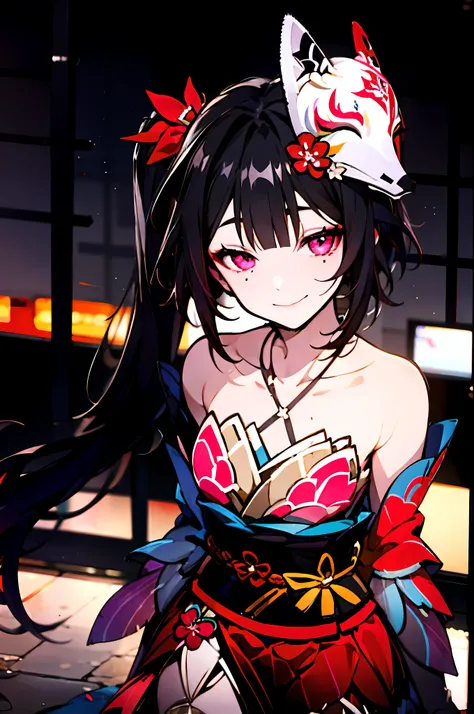 detailed, (masterpiece:1.2), (pale_skin:1.2), (solo:1.2), (female), slender, (black hair), twintails, outdoors, sky, night city, lights, bare shoulders, red kimono, collarbone, smiling, las vegas, city, (winking), (one_eye_closed:1.3), grinning, teeth, pin...