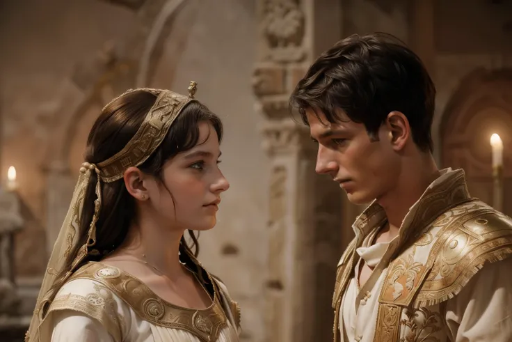 Rome, 77 BC. A young ((((17-year-old)) Julius Caesar)), getting married to ((13-year-old Cornelia)), wedding in ancient rome, romantic, love. ((((roman clothings from the 1st century BC))))