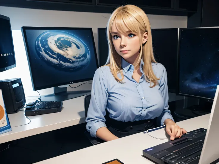 Blonde girl sitting at the computer, Beautiful European face, British fold cat, play computer games, space theme all around