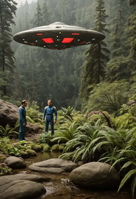 cena de ação incluindo um robot, personagens correndo, Crew of an old starship from a 1960s TV series in a rustic, planeta pitoresco, lost in space, with scenic plants and rocks, republic series, Programa de TV de Irwin Allen, Science fiction, Uniformes de...