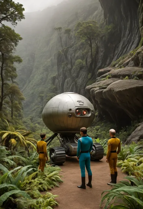 cena de ação incluindo um robot, personagens correndo, Crew of an old starship from a 1960s TV series in a rustic, planeta pitoresco, lost in space, with scenic plants and rocks, republic series, Programa de TV de Irwin Allen, Science fiction, Uniformes de...