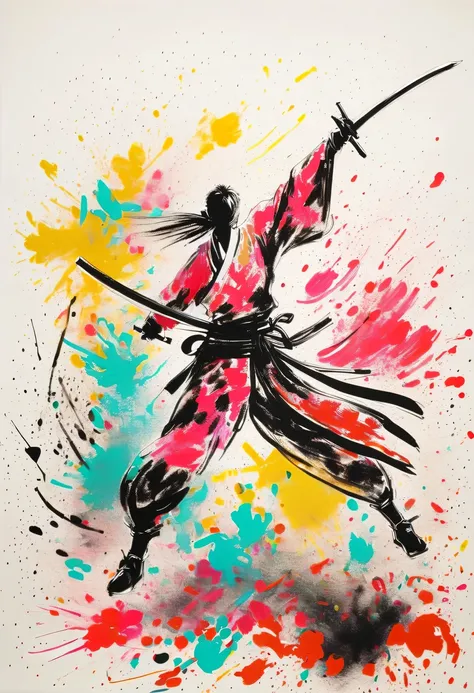 scribble art，ink splatter，Wild，splash ink painting，Abstraction，rich and colorful，Vague dreams，Dynamic energy,publish creation，visual impact,modern aesthetic,Elegant and simple,Contemporary interpretation,be bold,Chinese swordsman