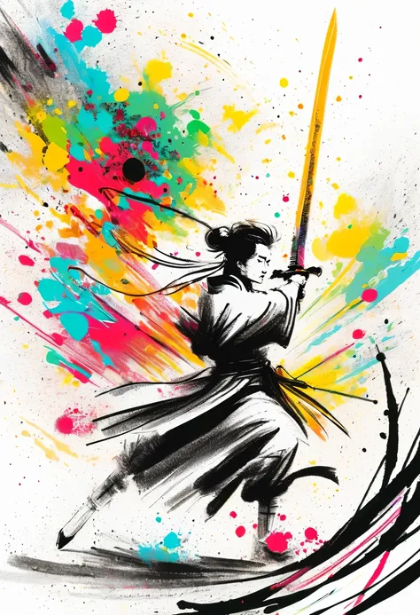 scribble art，ink splatter，Wild，splash ink painting，Abstraction，rich and colorful，Vague dreams，Dynamic energy,publish creation，visual impact,modern aesthetic,Elegant and simple,Contemporary interpretation,be bold,Chinese swordsman