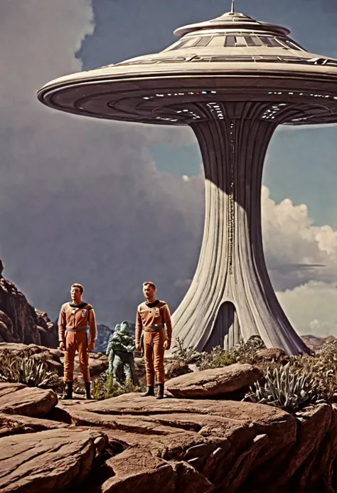 Crew of an old starship from a 1960s TV series in a rustic, planeta pitoresco, lost in space, with scenic plants and rocks, republic series, Programa de TV de Irwin Allen, Science fiction, Uniformes de acampamento coloridos estilo Star Trek e Lost in Space...