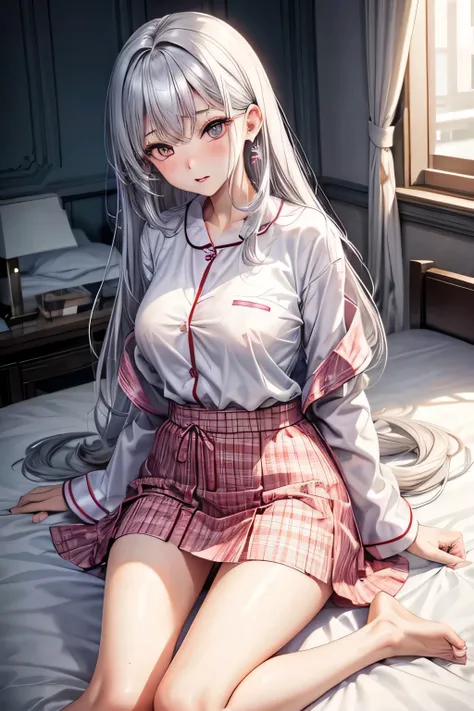 Korean Girls,Pajamas, nipple가 많이 튀어나와있어요, short skirt,emphasis on the crotch, bed, slim body,Dressed up,silver hair, long hair, earring,panties,Mischievous look, sexy,nipple