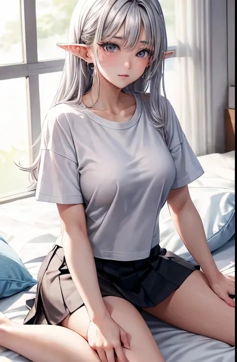 Korean Girls,Elf,White T-shirt,Emphasizing your chest,carrying a bag, Nipples stick out a lot, short skirt, bed, sexy 몸매 ,silver hair, long hair, earring,Naughty expression, sexy