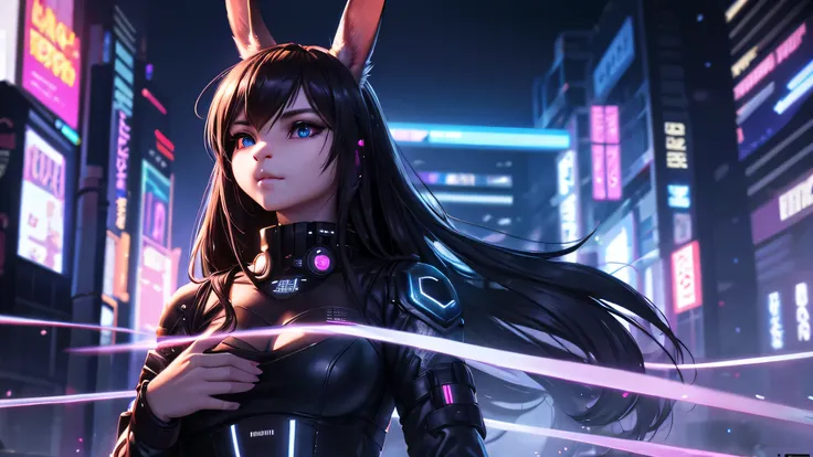 cyberpunk, Reflective clothing, rabbit，woman，perfect face, Ultra-detailed soft diffuse lighting, Realistic shadows, complicated, elegant,