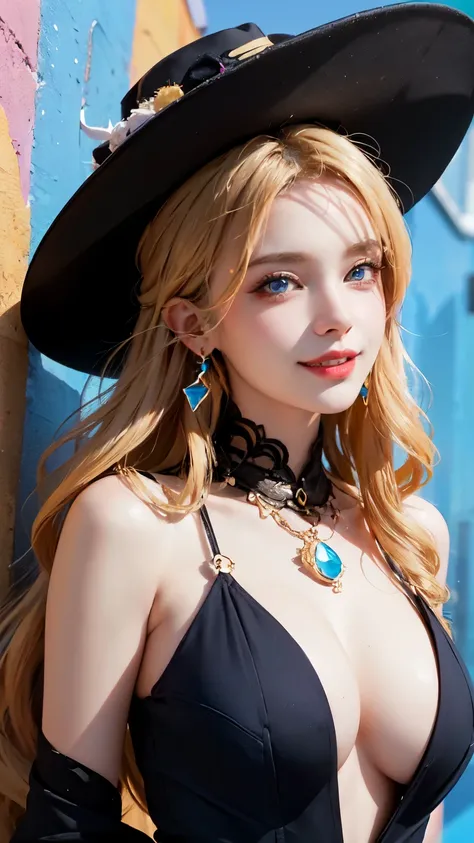 1 girl，Sexy Mature，long blonde hair，Very long, long hair，blue eyes，Super detailed face，Detailed eyes，wearing a brimmed hat（color），Big breasts，Its fashionable to wear，statement earrings、jewelry，wearing sunglasses，Smiling all over，Upper body shot，background：...