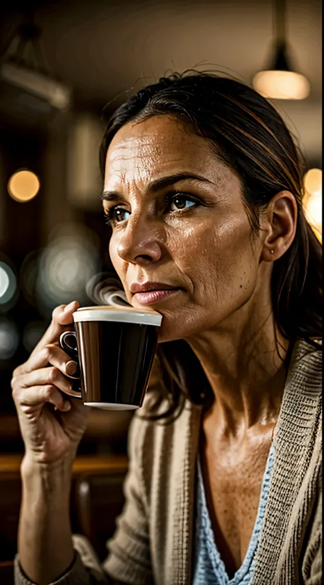 realistic, 40-year-old woman, drinking a coffee, detailed facial features, soft colors, intense lighting, cold tones,