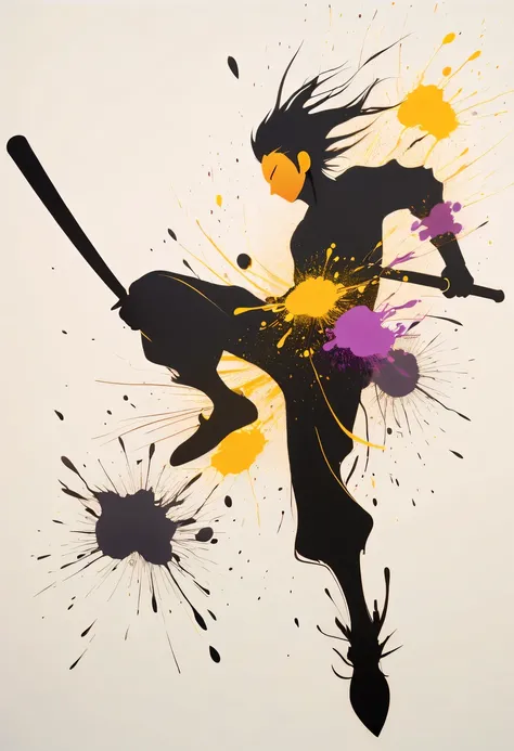 scribble art，ink splatter，Wild，splash ink painting，Abstraction，rich and colorful，Vague dreams，Dynamic energy,publish creation，visual impact,modern aesthetic,Elegant and simple,Contemporary interpretation,be bold,black background，Chinese swordsman