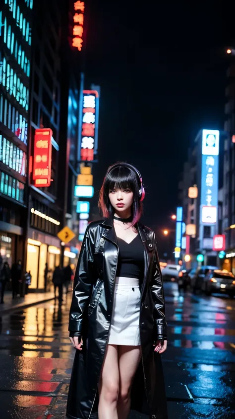 chinese cyberpunk bjd doll girl, wearing headphones and short black clothes, burgundy, cerulean and dianthus pink, inspired in a...