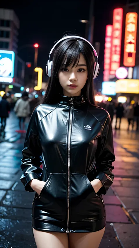 chinese cyberpunk bjd doll girl, wearing headphones and short black clothes, burgundy, cerulean and dianthus pink, inspired in a...