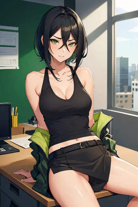 (stripping:1.2),(sexy:1.3),( woman:1.2),(shoulder length black hair),(black tank top),(green jacket and skirt),(enticing),(passionate),(office background),(sitting on desk),(desperate)