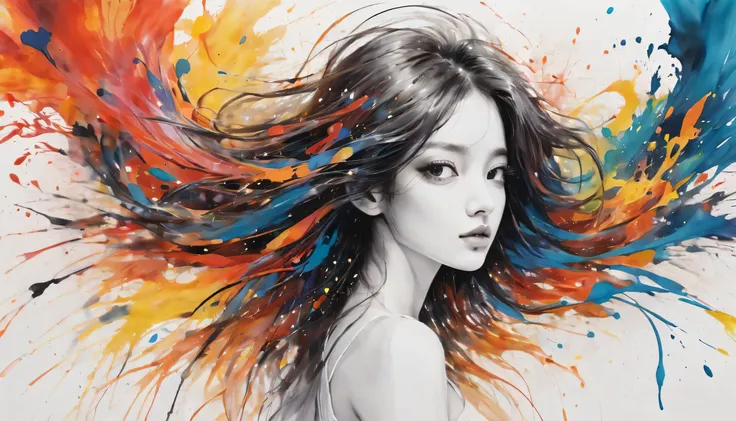 scribble art，ink splatter，wilderness，splash ink painting，abstract，colorful，Vague dreams，long hair girl，beauty