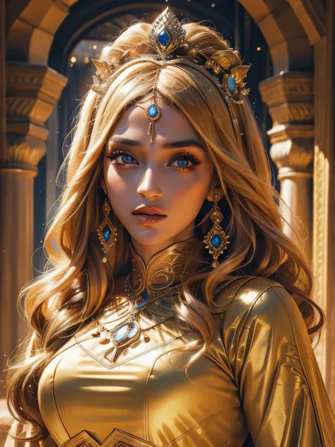 Very Beautiful princesse glowing eyes face portrait zoom sexy face sexy eyes crystal clear bright eyes blond hair long islamic caftan marocain wear style hyper realistic super detailed Dynamic shot master piece scene