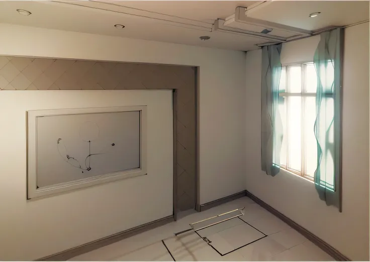 a drawing of a room with a window and a picture on the wall, sketch - up, 2 d autocad, autocad, 3 d point perspective, internal contours, 3d wireframe, simple ceiling, interior of a small room, low angle dimetric rendering, inside stylized border, cad, ren...