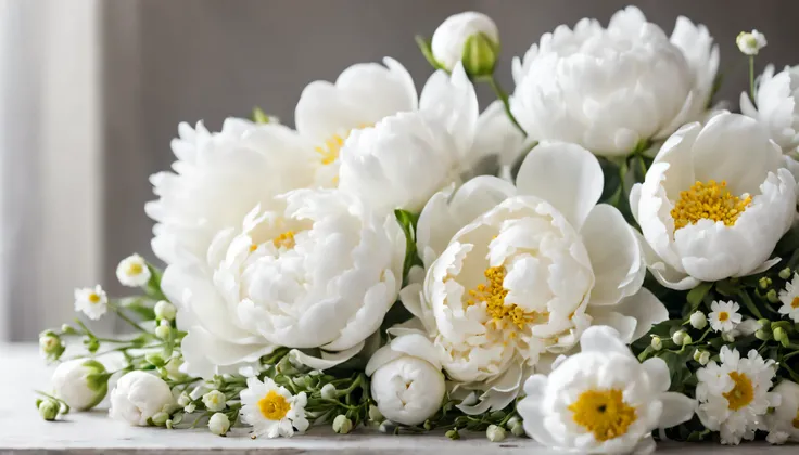 beautiful luxurious arrangement of flowers, macrophoto, big white peonies and small flowers, bokeh, artistic photo, realistic textures, professional light, many details