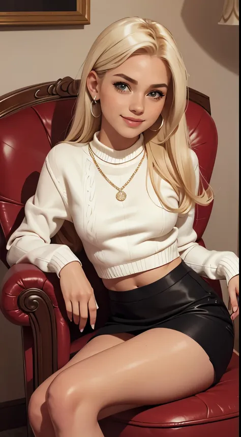 Foto hiperrealista en primer plano de 20 years old Maria Bellowear wear white jewel sweater and black mini cotton skirt, siting on the armchair, beautiful legs, sexy pose, hotel hall, beautiful woman, skinny, small breasts, straight blond hair, detailed fa...