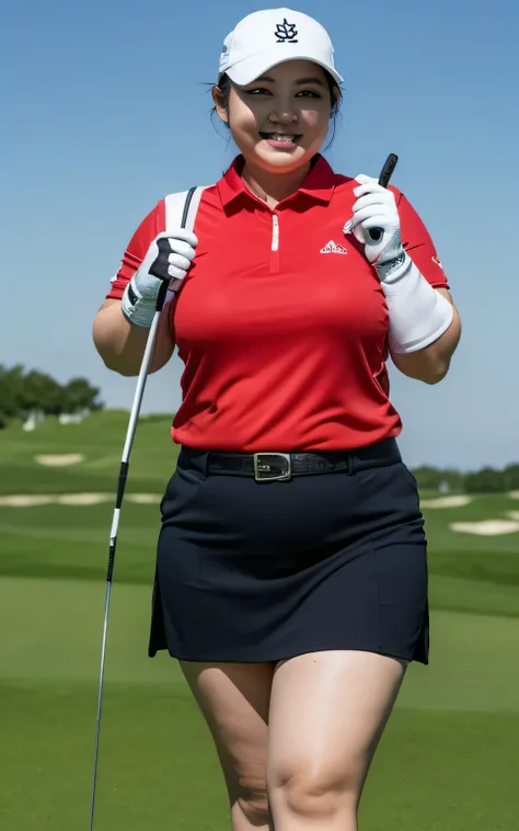 Highly detailed CG Unity 8K wallpaper, with the best quality, Super detailed, masterpiece, realistic, realistic写真, Highly detailed cute girl, 25 years old, (golf wear) , (golf mini skirt) , (Wearing golf gloves), smile , round eyes, Overweight, extremely f...