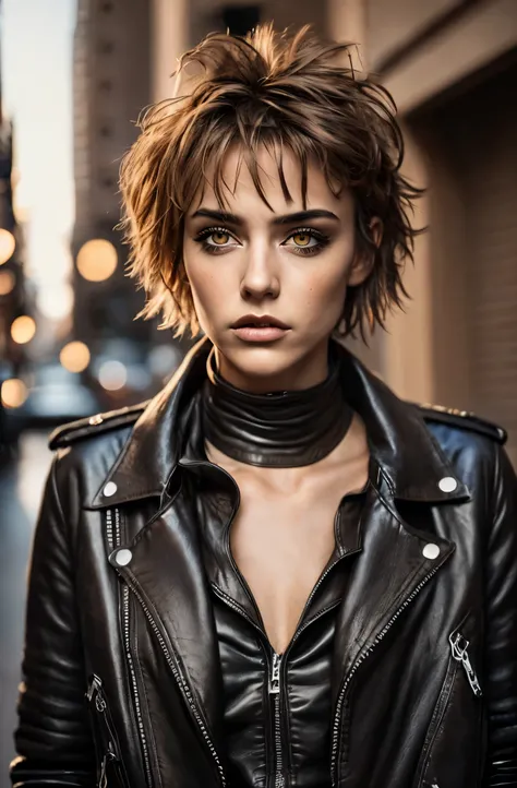 ((90s style)), ultra detailed photo of a beautiful woman with short messy hair, ultra detailed face, beautiful eyes with no makup, wearing leather jacket and high boots, cute sexy, standing in street, deep shadows, rim light, warm colors, vivid vintage col...