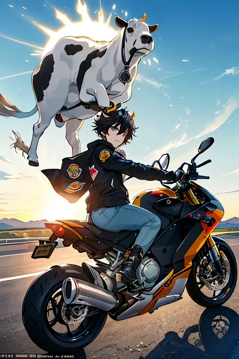 ((((surreal))), (((playful)).) A cow wearing a Bape jacket rides confidently on a sleek Ducati motorcycle in this ethereal and imaginative scene. The cows large, expressive eyes are focused intently on the road ahead, and the Bape logo on its jacket stands...