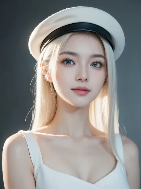 Portrait style photo, Portrait Photogram, Lots of lighting, a girl, smile, Dynamic lighting blonde，blue eyes，black hat and white shirt, soft, perfect, pale skin;, perfect白发女孩, Soft portrait shots 8K, pale glowing skin, Girl with gray hair, Beautiful light ...