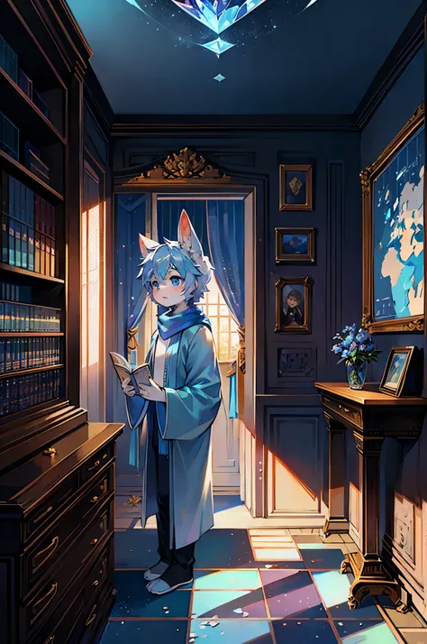 A white rabbit，Shota，blue robe，snow，clear blue sky，long bunny ears，Crystal pupils，Long blue scarf，Gorgeous background，gorgeous robe，look out the window，Sunlight，Gift box，cool color，The map hangs on the wall，bookcase，Holding a letter in his hand，Reading a l...