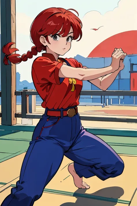 (8k, foto raw, la mejor calidad, obra maestra:1.2), ranma chan, ranma red shirt, red hair, braided belt, blue pants, martial art