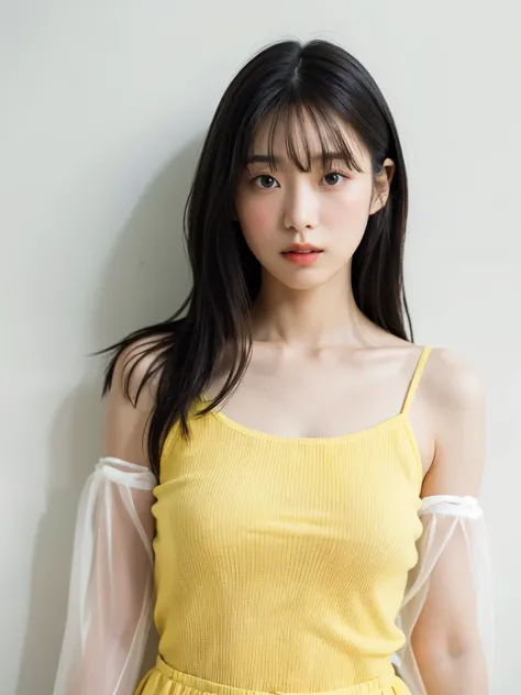 See-through tops、巨乳、キャミソール、くびれ、腹筋、さらさらな髪の毛、(背景にwhite wall、Part of her clothes is Yellow:1.4)、white wall、Taken in front of the white door、(窓のあるwhite wallの部屋)、((highest quality、8K、masterpiece:1.3))、ultra high resolution、(photorealistic:1.4)、raw photos、Japane...