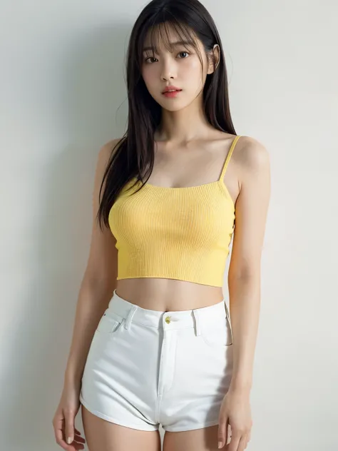 See-through tops、巨乳、キャミソール、くびれ、腹筋、さらさらな髪の毛、(背景にwhite wall、Part of her clothes is Yellow:1.4)、white wall、Taken in front of the white door、(窓のあるwhite wallの部屋)、((highest quality、8K、masterpiece:1.3))、ultra high resolution、(photorealistic:1.4)、raw photos、Japane...