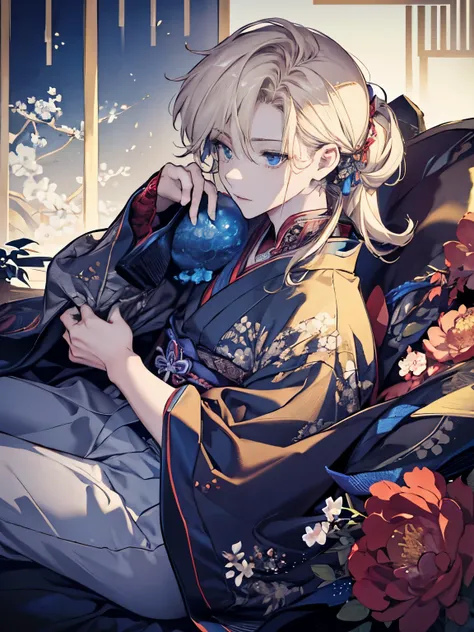 1man，Masculinity，blond hair，ponytail，blue eyes，no bra，A Japanese-style room，late at night，alone，kimono，Sitting，masterpiece, best quality，Detailed eyes and detailed face，intricate details