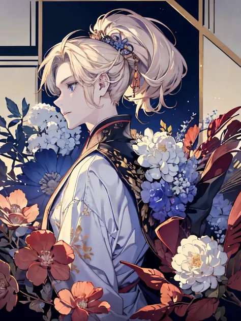 1man，Masculinity，blond hair，ponytail，blue eyes，no bra，A Japanese-style room，late at night，alone，kimono，Sitting，masterpiece, best quality，Detailed eyes and detailed face，intricate details