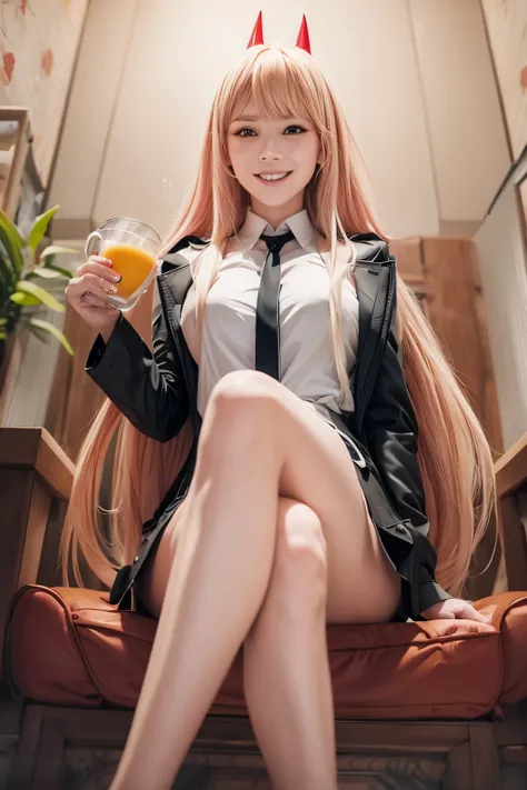 1 girl, power chainsaw man blonde, long lemonade pink hair, bangs, white shirt, black pants with doublets, black tie, black jacket, small red horns, sexy, erotic pose, smiling, seated, realistic, ultra detail, 70mm lens