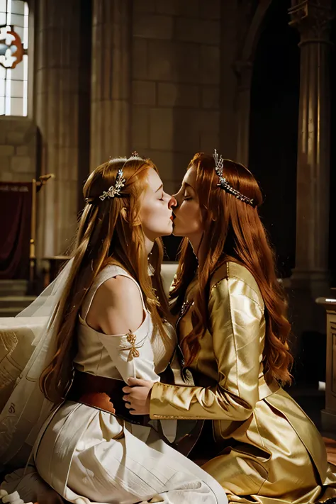 ((best quality)), ((masterpiece)), (detailed), a red haired warrior queen with her blonde haired priestess consort, embracing lovingly, kiss, throne room in the background, getting married, ceremonius setting, lesbian wedding ceremony, exchanging vows