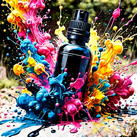 ink grenade battle, (Ink splatters: 1.3), (colorful ink), Ink grenade explodes and ink splatters, (Casual with ink: 1.5), Splattered ink, In the air gun field