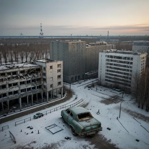 La qualité de la photo, Réaliste, très détaillé, 8K, très détaillé, Tchernobyl, Pripyat, Urbex, bâtiments très hauts en ruines, atmosphère dystopique de collapsologie, paysage hivernal d&#39;arbres sans feuilles, Catastrophe nucléaire, parc d&#39;attractio...