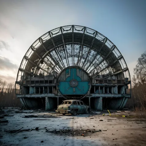 La qualité de la photo, Réaliste, très détaillé, 8K, très détaillé, Tchernobyl, Pripyat, Urbex, bâtiments très hauts en ruines, atmosphère dystopique de collapsologie, paysage hivernal d&#39;arbres sans feuilles, Catastrophe nucléaire, parc d&#39;attractio...