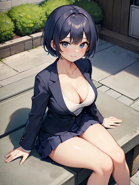 (1) A woman is sitting on a bench with a smile.
(2) women have short hair、She is wearing a white V-neck innerwear and a navy blue skirt suit.。.
(3) Cleavage in women is visible.
(4) The location is a bench on the roof of a building..
(5) please draw her fr...