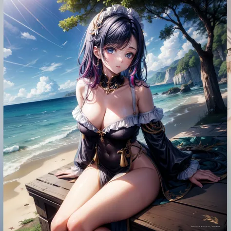 （8K ，Ultra-detailed，Best masterpiece，Nature，perfect work of art，perfect female body），two women，Sister and sister， sisters，rainbow hair，perfect face，（huge tits），neighbor wife，woman hairstyle，elegant wife，on the cliff，delicate and revealing ，Wearing a magica...