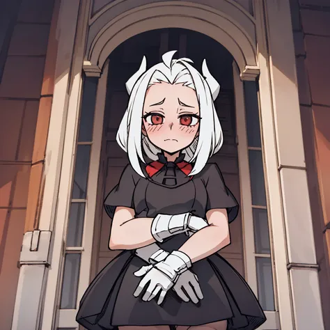 （（a cute little girl，blush，front，whole body）），dress，white hair，Show forehead，black devil horns，White background，grace，