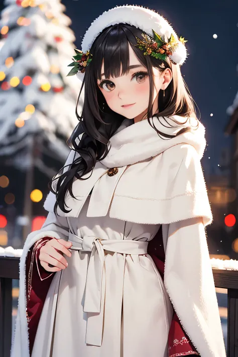 cool girl, brown eyes, long dark curls, blush, Pretty dresses, White fur cape, winter, new year atmosphere, wreath, Christmas tree on the background