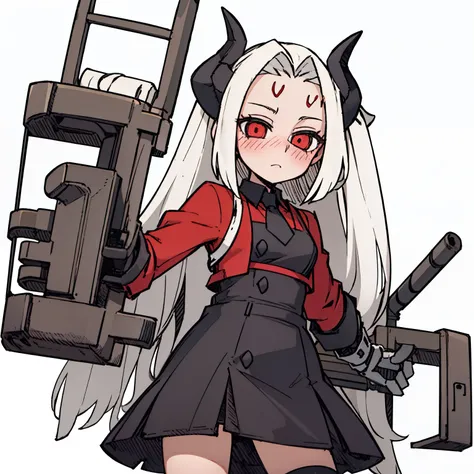 （（a cute little girl，blush，front，whole body）），dress，white hair，Show forehead，black devil horns，White background，grace，