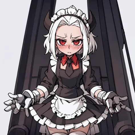 （（a cute little girl，blush，front，whole body）），maid outfit，white hair，Show forehead，black devil horns，White background，grace，