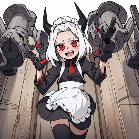 （（a cute little girl，front，whole body）），maid outfit，white hair，Show forehead，black devil horns，White background，childhood，grace