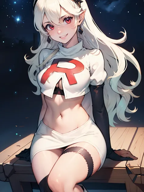 defcorrin, black hairband ,earrings, glossy lips ,team rocket uniform, red letter r, white skirt,white crop top,black thigh-high...