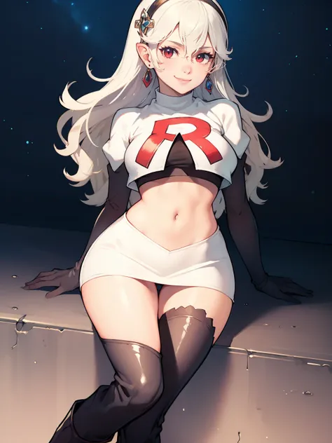 
defCorrin, black hairband ,earrings, glossy lips ,team rocket uniform, red letter R, white skirt,white crop top,black thigh-high boots, black elbow gloves, evil smile, sitting down ,legs crossed, night sky background