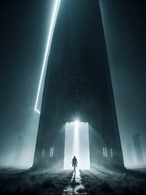 An intense and chilling depiction of an otherworldly abduction, showing a bright beam of light cutting through the darkness of a lonely field, as a terrified human is lifted off the ground by a mysterious, hovering spacecraft. The scene is filled with tens...