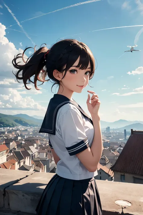 very cute and beautiful girl,teen,(highly detailed beautiful face and eyes:1.2),
(smile),black hair,(sailor school uniform,pleated navy blue mini skirt),dynamic pose,dynamic angle,looking at viewer,
many european houses with red roof,(town overview),narrow...