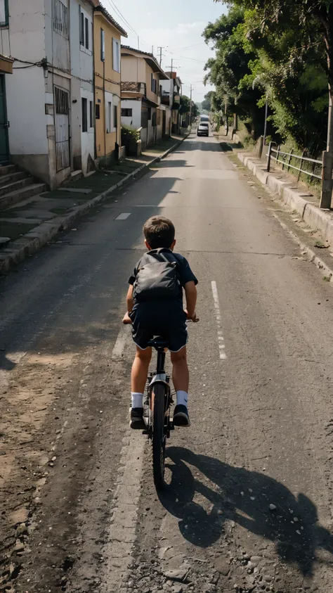 Photo of a boy returning home on a carroçal road ( road that is not paved) cercado por matas. Bem detalhada 